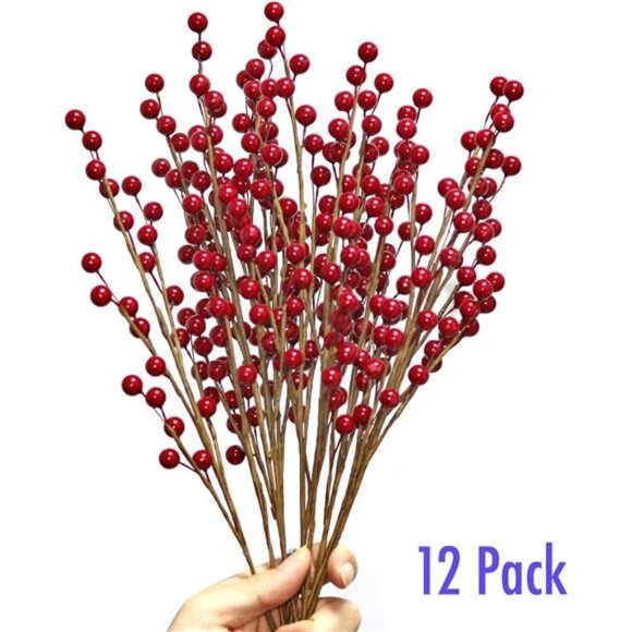 12 Pcs Artificial Red Berries Stems 13.5" Waterproof Berry Branches for Home - Picture 5 of 8